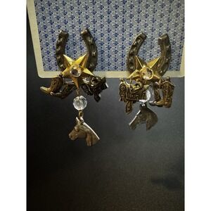 Vintage Horseshoe Horse Sadle Boot Charm Dangle Clip On Earrings Western